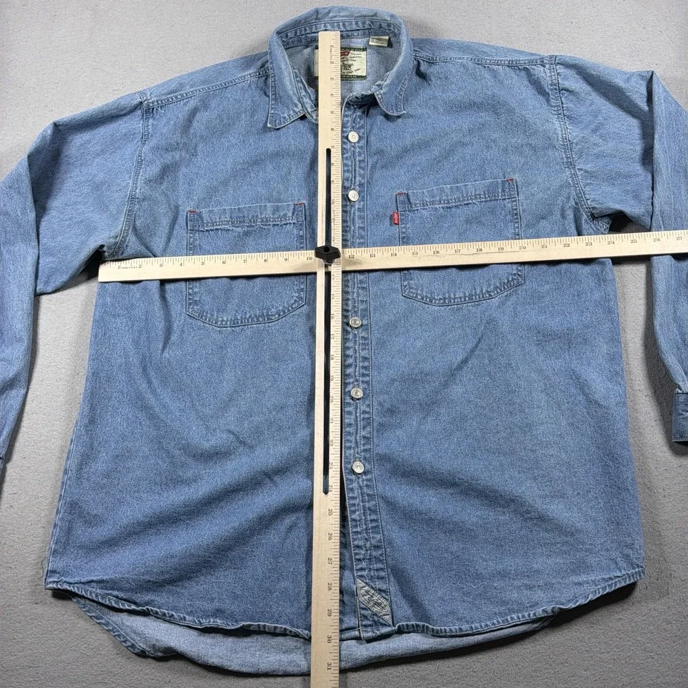 Vintage Levis Denim Shirt Mens LT Blue Long Sleeve Button Up Tall Workwear